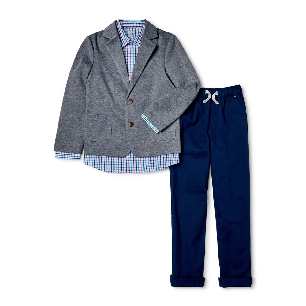 Wonder Nation Boys 3 Piece Suit Set Size 5 Blazer Shirt & Pants Navy Blue Gray
